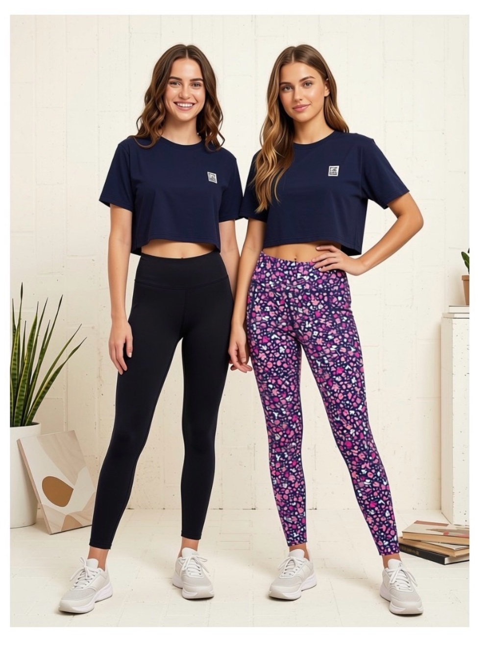 Girls / Juniors Set of 2 High-Waist Leggings Purple Floral Full, Black 7/8